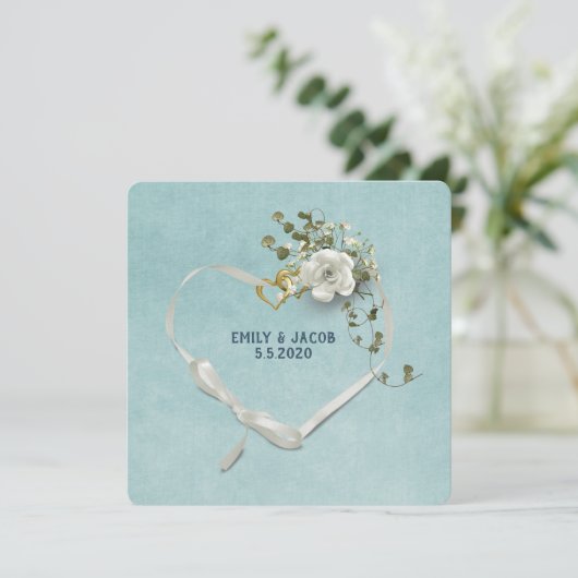 Bindlint en ringen met rozenbouquet kaart (Staand voorkant)