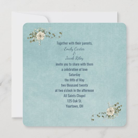 Bindlint en ringen met rozenbouquet kaart (Achterkant)