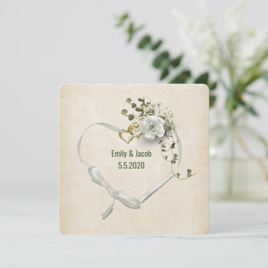 Bindlint en ringen met rozenbouquet kaart (Staand voorkant)