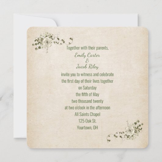 Bindlint en ringen met rozenbouquet kaart (Achterkant)