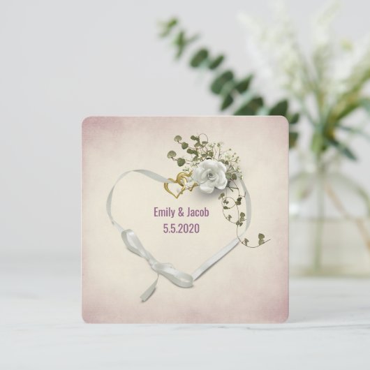 Bindlint en ringen met rozenbouquet kaart (Staand voorkant)
