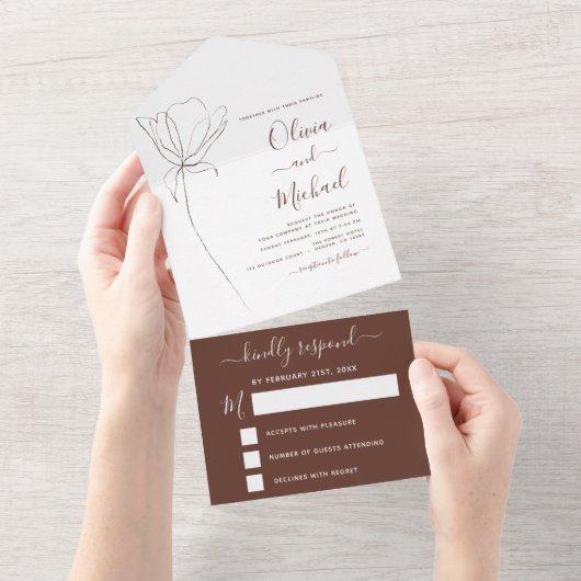 Bindminimalistisch botanische Floral Line Art RSVP All In One Uitnodiging (Afscheurbaar)