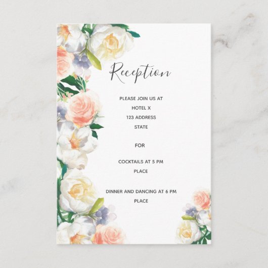 Bindreceptie details witte koraalspoelfloralen informatiekaartje (Voorkant)