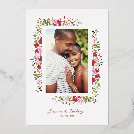 Bindroze en rode handjekkers foto's folie uitnodiging (Voorkant)