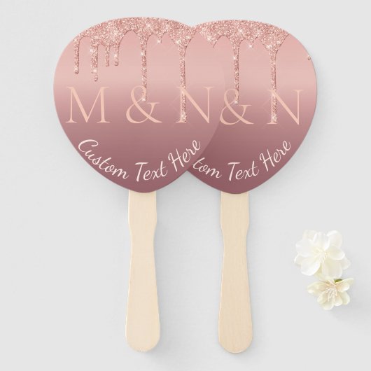 Bindtekst Roos Gold Blush Glitter Hand Fan Handwaaier (Voorkant en achterkant)