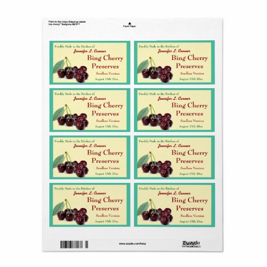 Bing Cherry Jam or Preservation II Inblikken Jar Etiket (Full Sheet)