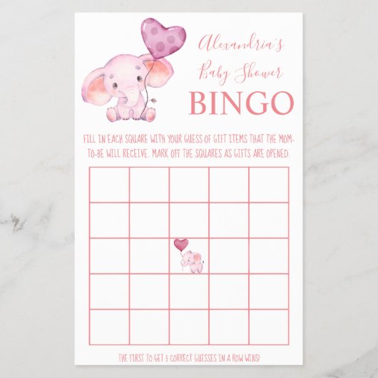 Bingo Baby Elephant Baby shower Game Kaart (Voorkant)