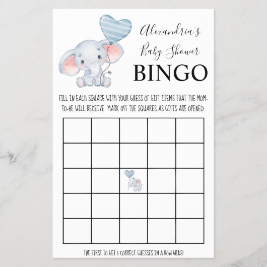 Bingo Baby Elephant Baby shower Game Kaart (Voorkant)
