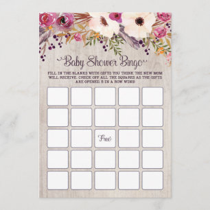 Bingo Baby shower Game Rustic Boho Flowers Floral Kaart