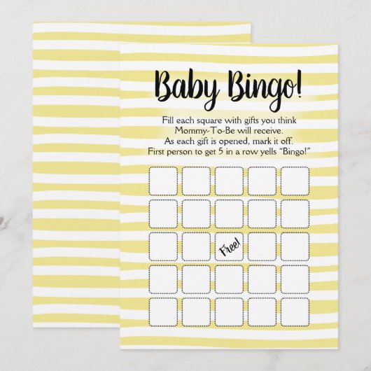 Bingo Baby shower Game Yellow White Kaart (Voorkant / Achterkant)