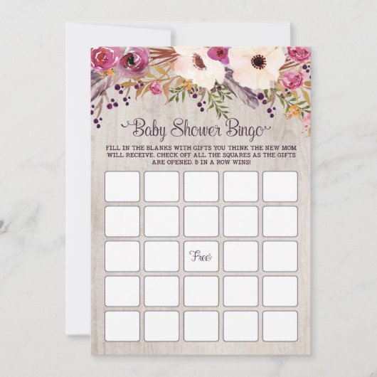 Bingo Baby shower Spel Rustieke Boho Bloemen Bloem Kaart (Voorkant)