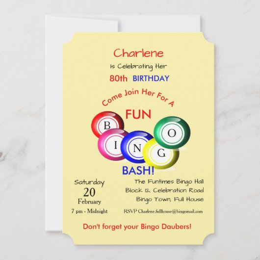 Bingo Bash Thema Leuk Kleurrijk Feest Uitnodigen Kaart (Voorkant)