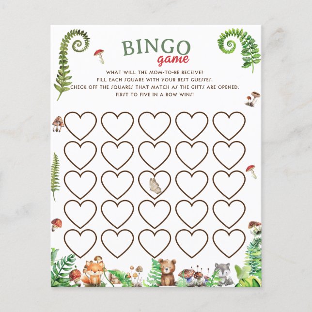 Bingo boslanddier baby shower spel (Voorkant)