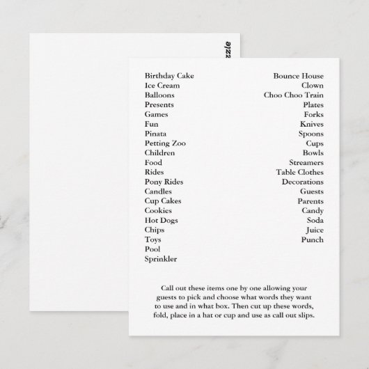 Bingo Card Birthday Party roept woorden uit Briefkaart (Voorkant / Achterkant)