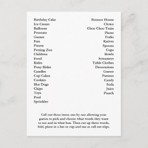 Bingo Card Birthday Party roept woorden uit Briefkaart