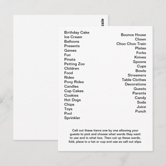 Bingo Card Birthday Party roept woorden uit Briefkaart (Voorkant / Achterkant)