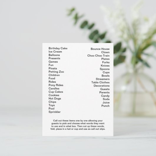 Bingo Card Birthday Party roept woorden uit Briefkaart (Staand voorkant)