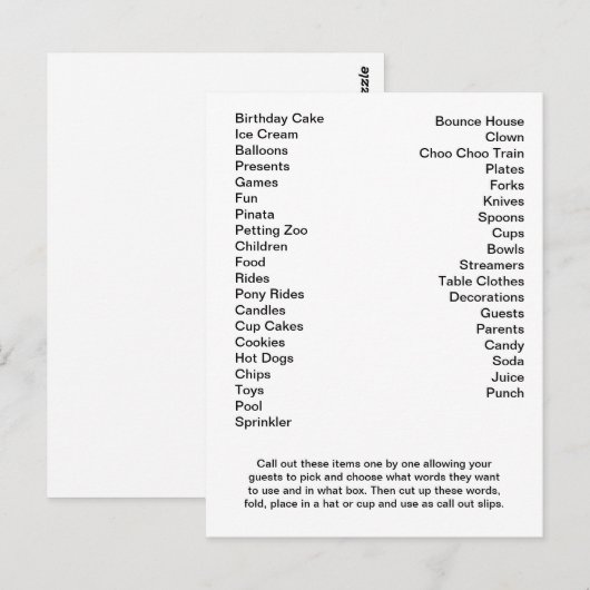 Bingo Card Birthday Party roept woorden uit Briefkaart (Voorkant / Achterkant)