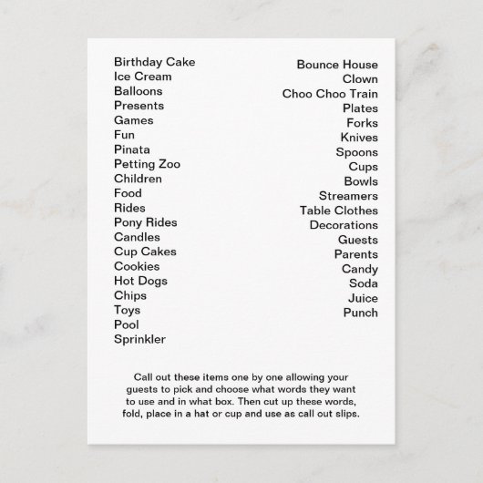 Bingo Card Birthday Party roept woorden uit Briefkaart (Voorkant)