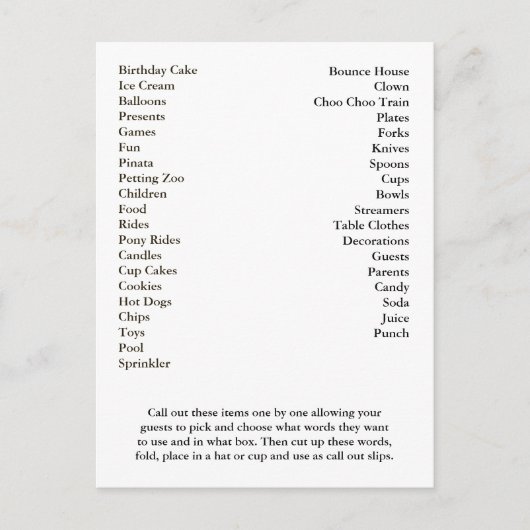 Bingo Card Birthday Party roept woorden uit Briefkaart (Voorkant)