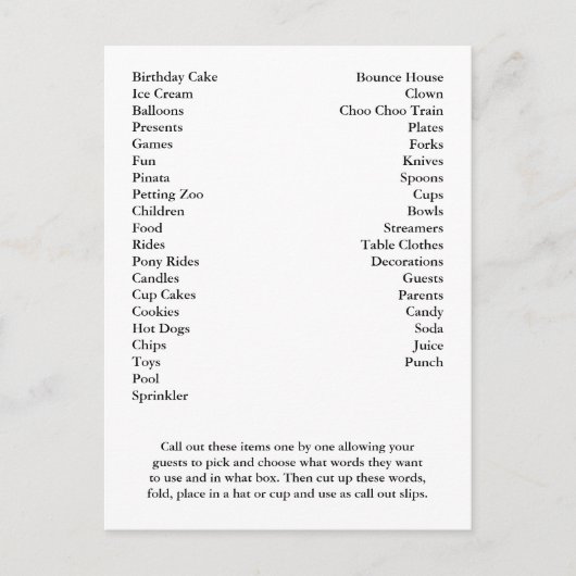 Bingo Card Birthday Party roept woorden uit Uitnodiging Briefkaart (Voorkant)