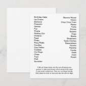 Bingo Card Birthday Party roept woorden uit Uitnodiging Briefkaart (Voorkant / Achterkant)