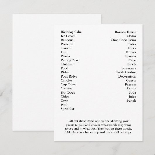 Bingo Card Birthday Party roept woorden uit Uitnodiging Briefkaart (Voorkant / Achterkant)