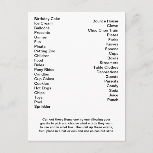 Bingo Card Birthday Party roept woorden uit Uitnodiging Briefkaart (Voorkant)