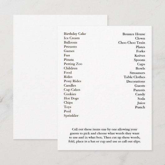 Bingo Card Birthday Party roept woorden uit Uitnodiging Briefkaart (Voorkant / Achterkant)