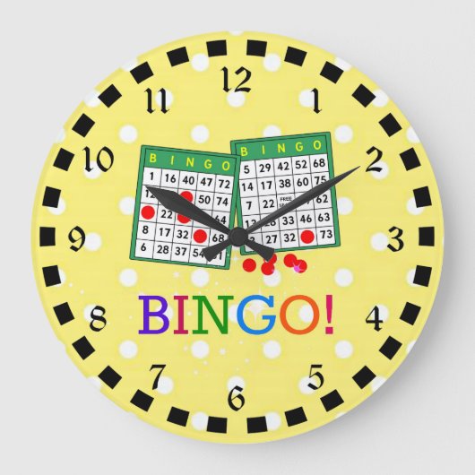 Bingo! Groene en Witte Bingo Kaarten op Geel Grote Klok (Voorkant)
