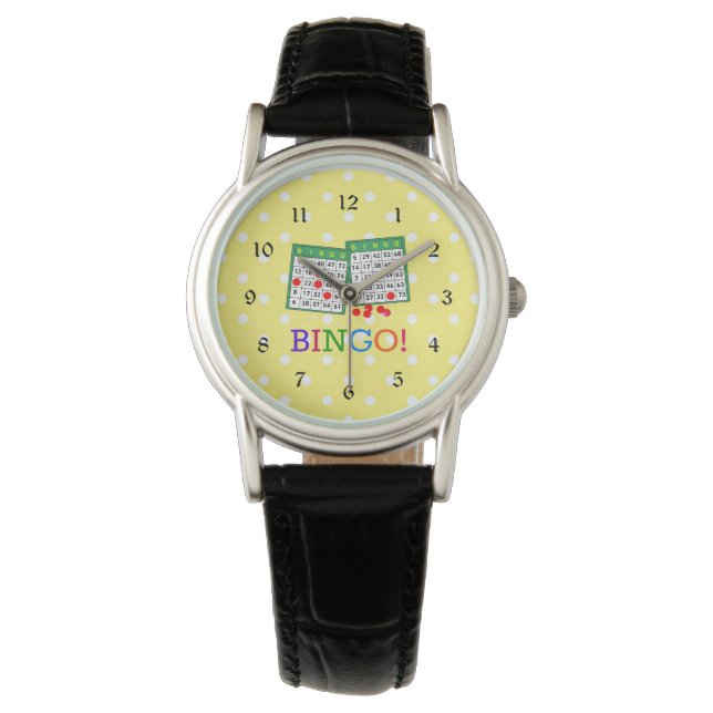 Bingo! Groene en Witte Bingo Kaarten op Geel Horloge (Voorkant)