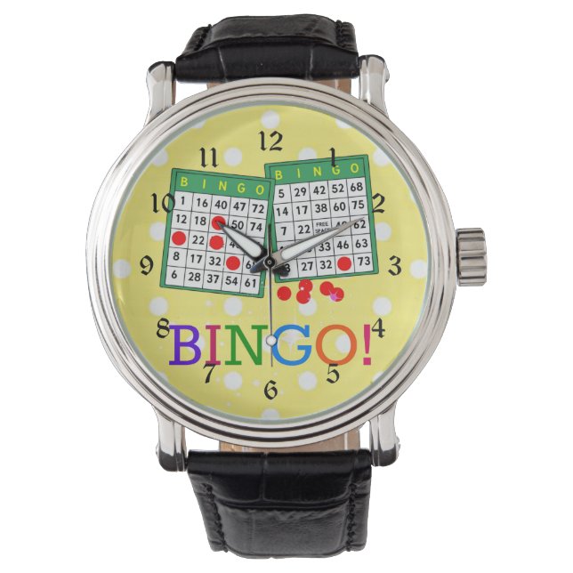 Bingo! Groene en Witte Bingo Kaarten op Geel Horloge (Voorkant)
