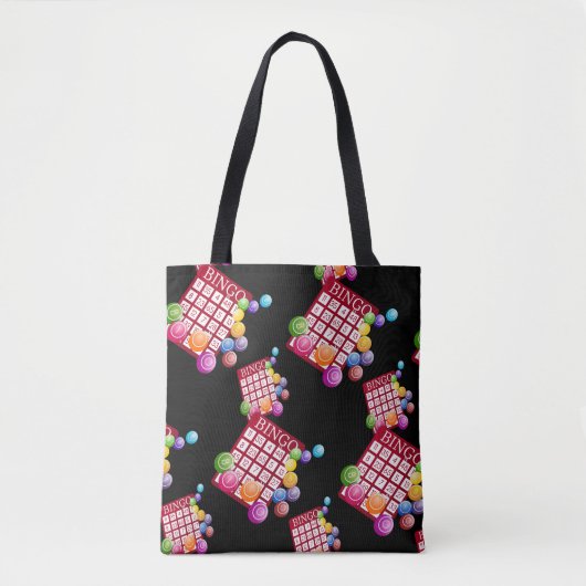 Bingo-kaarten en bingo-ballen op zwart tote bag (Voorkant)