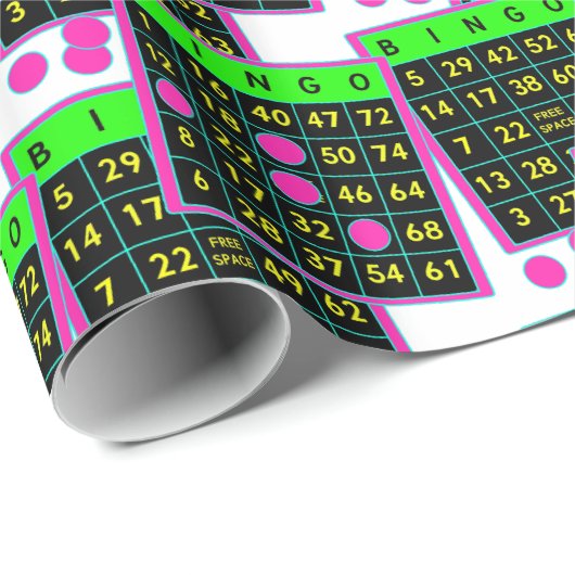 Bingo-kaarten en markers Neon-kleuren op zwart Cadeaupapier (Rol Hoek)