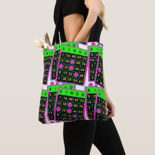 Bingo-kaarten en markers Neon-kleuren op zwart Tote Bag
