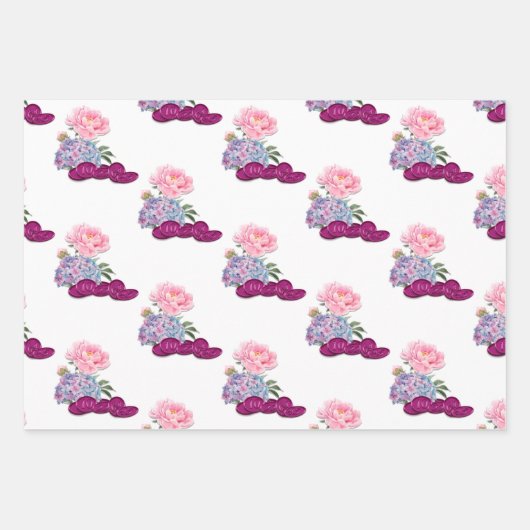 Bingo-Kaarten met roze en blauwe bloemen en chips Inpakpapier Vel (Voorkant 3)