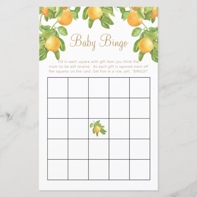 Bingo Kleine Cutie Citrus Baby shower spel (Voorkant)