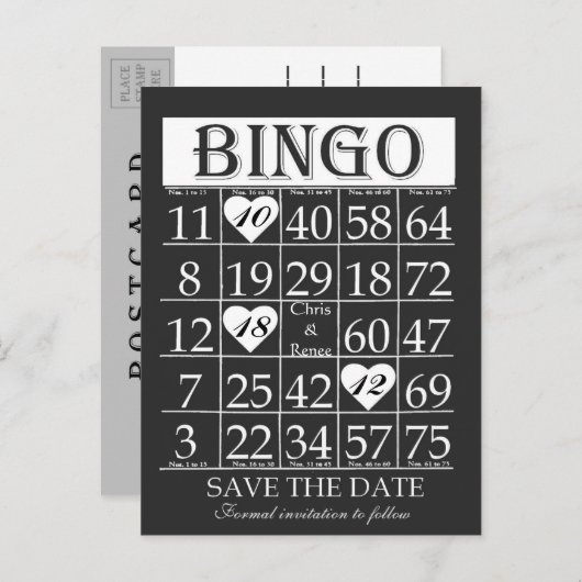 Bingo Save the Date Zwart-wit Briefkaart (Voorkant / Achterkant)