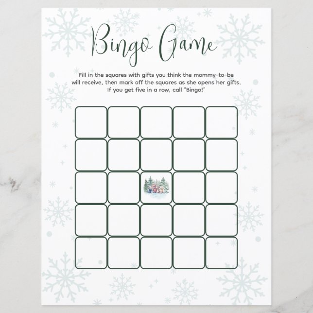 Bingo Spel Winter Sneeuw Bos Dier Baby shower (Voorkant)