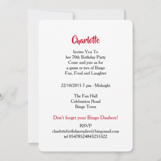 Bingo themafeest Leuke kleurrijke uitnodiging (Achterkant)