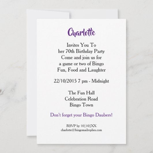 Bingo Thleed Party Fun Colorful Invitation Kaart (Achterkant)