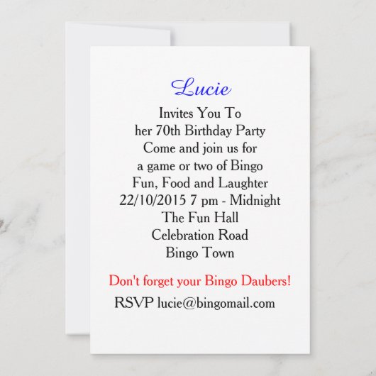 Bingo Thmed Party Fun Colorful Kaart (Achterkant)