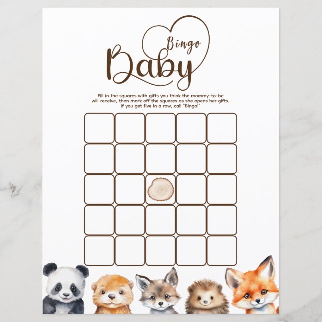 Bingo Woodland Animals Baby shower spel (Voorkant)