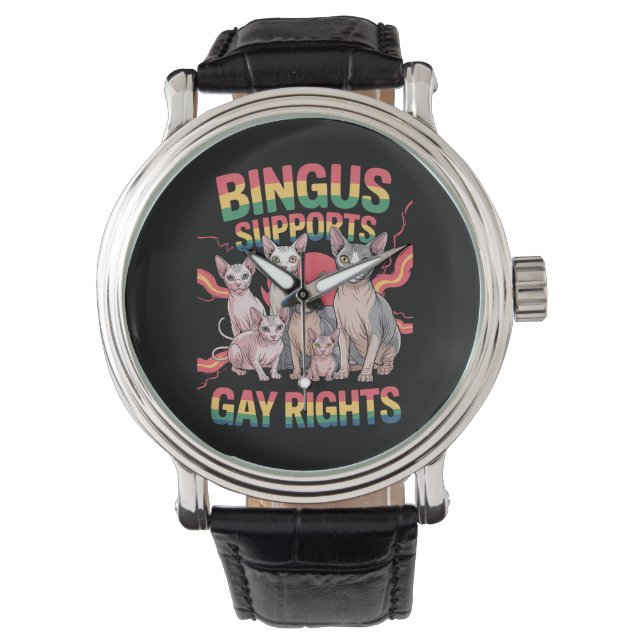 Bingus ondersteunt homorechten Sphynx Cat LGBTQ Pr Horloge (Voorkant)