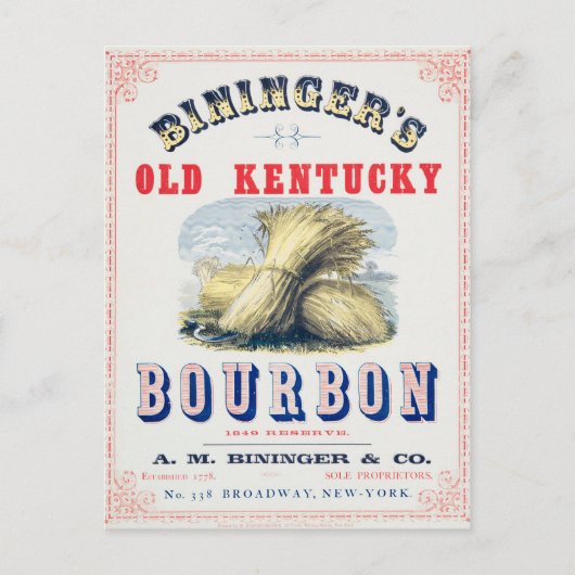 Bininger's Old Kentucky Bourbon 1849 Reserve. Briefkaart (Voorkant)
