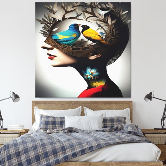 Binnen haar hoofdvogels 2 canvas afdruk (Insitu (Slaapkamer))