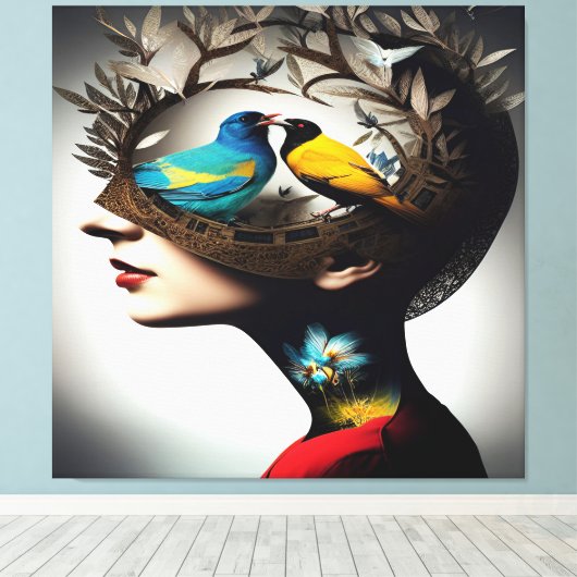 Binnen haar hoofdvogels 2 canvas afdruk (Insitu (Houten vloer))