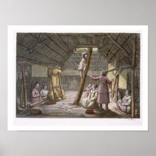 Binnen in een huis in Alaska (kleurengraving) Poster
