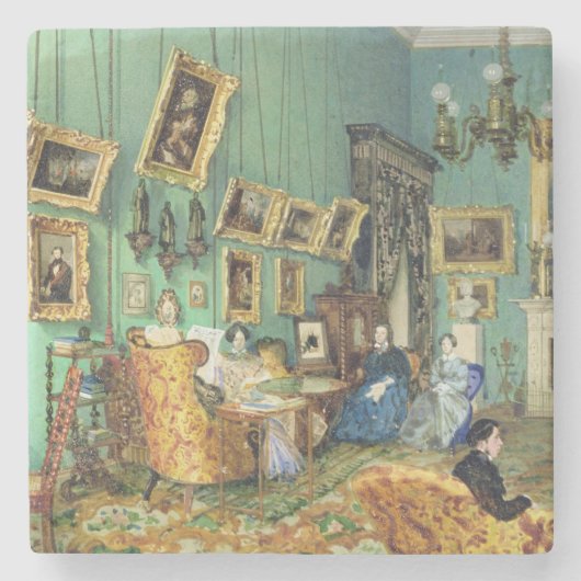 Binnenkant van een woonkamer, 1847 stenen onderzetter (Voorkant)