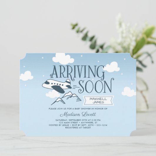 Binnenkort arriveren: Airplane Baby shower Invitat Kaart (Staand voorkant)